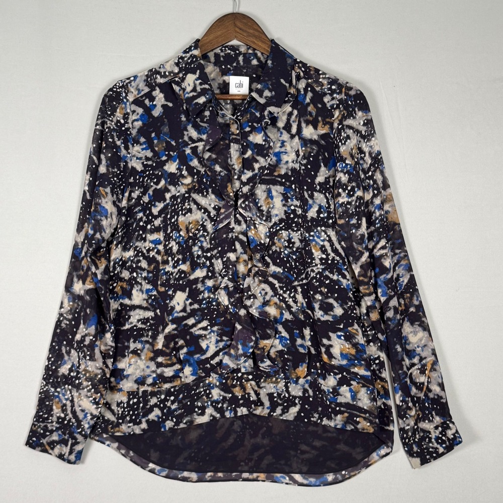 Cabi Blouse Women Small Blue Abstract Draped Ruffle NWOT Long Sleeve 3066